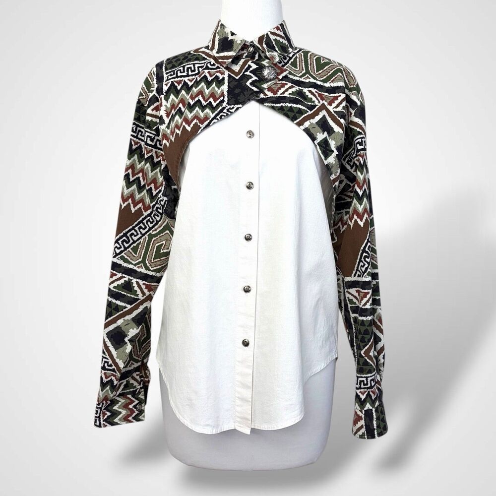 VTG RoughRider Circle Western Cowgirl Shirt Women Size M White Brown Aztec Print